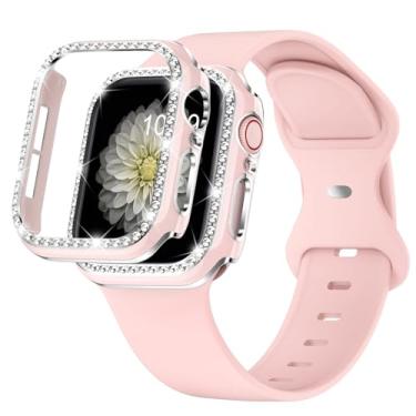 Imagem de XYF Pulseira compatível com Apple Watch de 38 mm com bumper brilhante série 3 2 1, pulseira ajustável de substituição confortável de silicone rosa com capa (areia de rosa, 38 mm)