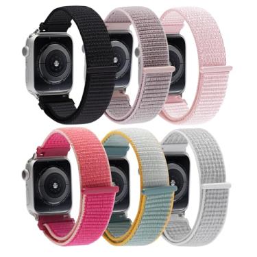 Imagem de RAVEGO Pacote com 6 pulseiras esportivas de nylon compatíveis com Apple Watch séries 10, 9, 8, 7, 6, 5, 4, 3, 2 e 1 de 38 mm, 40 mm, 41 mm, 44 mm, 46 mm e 49 mm, macia e ajustável para iWatch séries