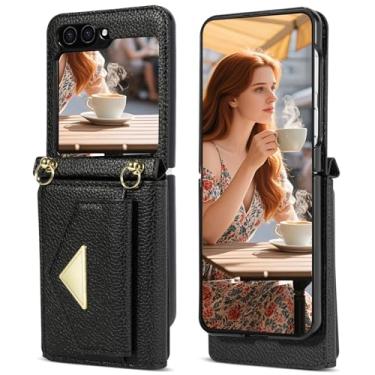 Imagem de Kruysozz Capa tipo carteira transversal para Galaxy Z Flip 6 e Z Flip 5, bolsa de transporte de couro com fecho magnético, porta-cartões, bolsa feminina para celular para Samsung Flip6 e Flip5 (preto)