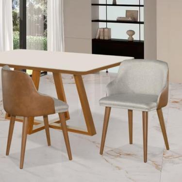 Imagem de Kit 2 Cadeiras de Jantar em Linho e Couro com Pés de Madeira – Conforto e Elegância para Sala ou Cozinha (Bege)