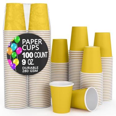 Imagem de Party Solids Copos de papel amarelos 255 g copos descartáveis duráveis 100 copos de papel para bebidas quentes e bebidas frias, copo quente grosso de 280 g/m² para chá e café, cores divertidas para