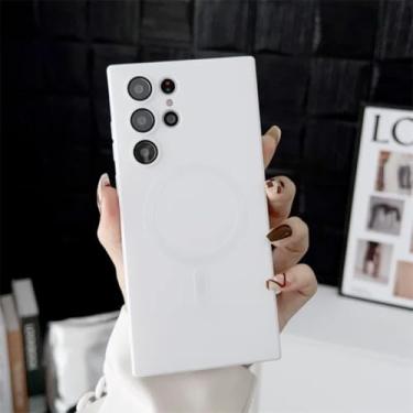 Imagem de HJZSZX Capa magnética macia metálica para Galaxy S24 com lente de carregamento sem fio (para Galaxy S24/branco)