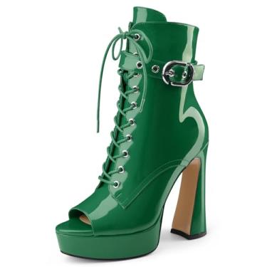 Imagem de Botas femininas pretas de cano baixo, plataforma com cadarço, salto alto, bico aberto, com zíper lateral e fivela de alça para mulheres, sexy, fofa, Patente verde, 37 BR