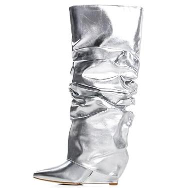 Imagem de Yishaweiqi Botas femininas dobradas franzidas despojadas com salto cunha de couro envernizado, cano alto, bico fino, botas casuais, Prata, 35