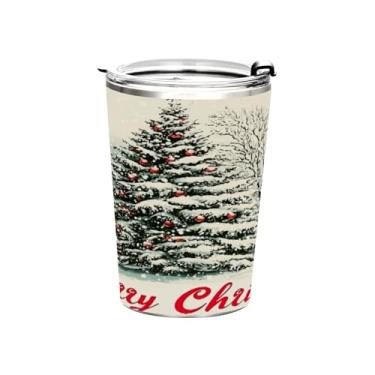 Imagem de Blueangle Copo de 340 g com tampa e canudo, copo de café com água isolada a vácuo de aço inoxidável, caneca de viagem vintage para árvore de Natal, copo térmico para bebidas quentes e frias (360)