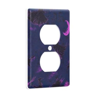 Imagem de Blueangle Placa de parede de tomada dupla para vassoura de Halloween, tamanho padrão, placas de cobertura de tomada elétrica de 1 gangue para decoração de quarto de escritório em casa, 4,53 x 2,76