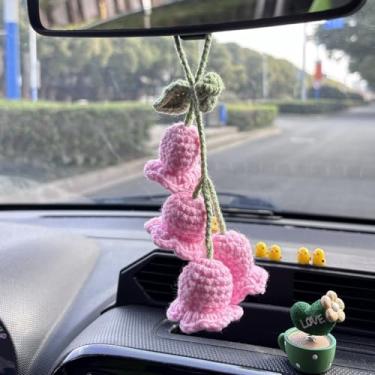 Imagem de Enfeite de crochê de lírio do vale, espelho retrovisor de carro, acessórios de carro feitos à mão para mulheres e homens, flor de malha para decoração de interiores de carros, pingente de bolsa