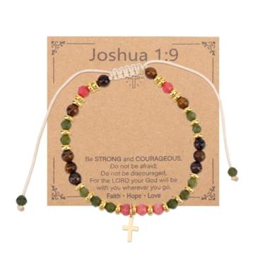 Imagem de Pulseira Cruz Cristã para Mulheres, Pulseira Miçangas de Pedra Natural Joia Religiosa Inspiradora Ajustável para Batismo Páscoa Comunhão Presentes Espirituais