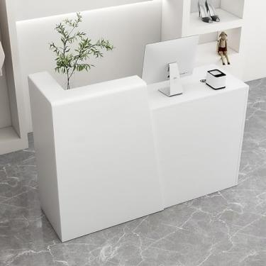 Imagem de Balcão de recepção branco moderno com armários e prateleiras de armazenamento - ideal para casa, escritório, salão e lobby - Mesa frontal para finalização de compra e varejo - Tamanho certo