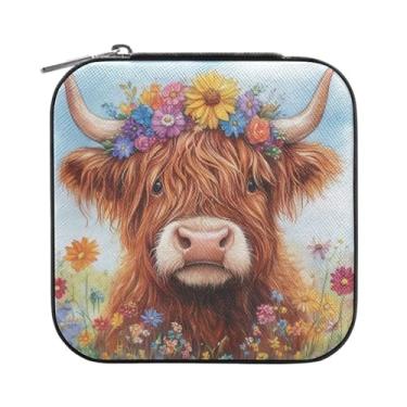 Imagem de Burbuja Caixa de joias Highland Cow com flores, mini estojo de joias de viagem para mulheres e meninas, organizador de joias para brincos, anéis, colares e pulseiras