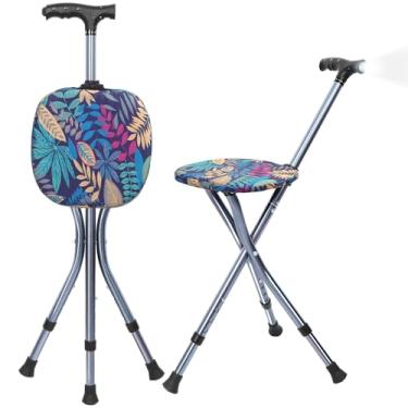 Imagem de Bengala dobrável com assento, bengala ajustável para idosos, bengala de caminhada leve com luz LED, cadeira de assento de cana de ajuste de altura, banco de muletas resistente portátil, suporta até