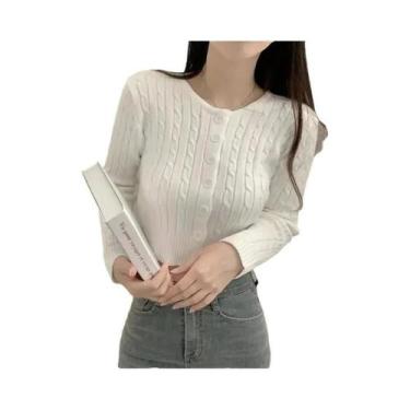 Imagem de Cardigã Feminino De Tricô Canelado Curto Com Botões E Manga Longa, Est