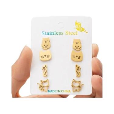 Imagem de Brincos De Gato Fofos, 4 Pares, Aço Inoxidável, Joias De Moda Com Tema