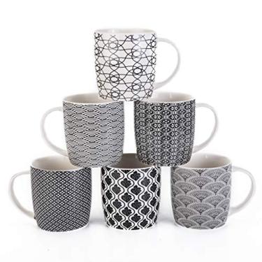 Imagem de MACHUMA Conjunto de 6 canecas de café de 326 g com padrões geométricos preto e branco, conjunto de xícara de chá de cerâmica