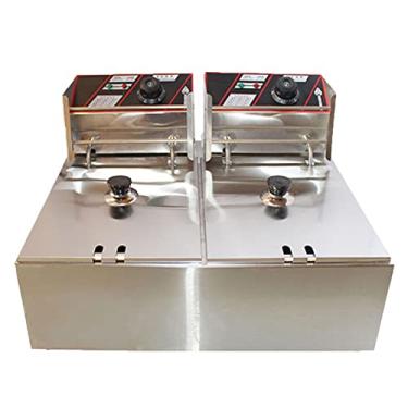 Imagem de Fritadeira comercial com cesta, tampa, fritadeira elétrica de 2500 W x 2 fritadeiras a óleo de bancada de aço inoxidável para batatas fritas, casa, cozinha, restaurante