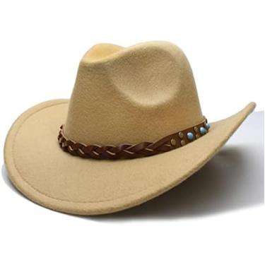Imagem de Chapéus De Cowboy De Feltro Chapéu De Cowboy Ocidental Para Criança Aba Larga Trançado De Cowgirl Pulseira De Couro,Camelo,Um Tamanho,YUYANAIAI