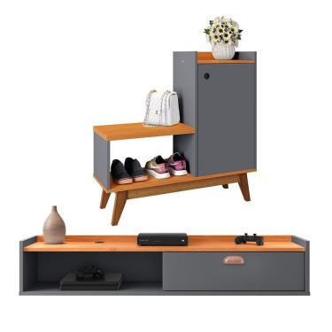 Imagem de Kit Quarto Sapateira Shoes Banquinho Pés Madeira Rack Suspenso Home Decor Sala Decoração Casa Cinza/Cinamomo - RPM Móveis