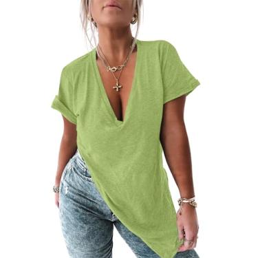 Imagem de Tankaneo Camiseta feminina de manga curta com decote em V profundo e fenda lateral grande para o verão, Verde claro, XXG