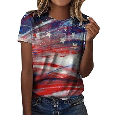 Imagem de Camiseta feminina com bandeira americana de verão, listras estrelas, vermelha, branca, azul, patriótica, manga curta, Vermelho, 3G