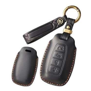 Imagem de HIBEYO Capa de chaveiro de couro genuíno personalizável de 4 botões compatível com Hyundai Palisade Elantra Kona Azera Santa Grandeur IG 2024 Acessórios Capa de chave personalizada - 4 botões pretos