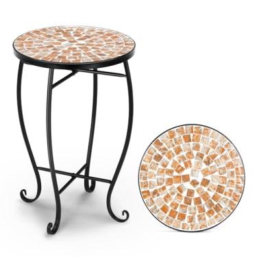Imagem de VINGLI Mesa lateral externa em mosaico, mesa redonda de 35,5 cm, mesa de destaque, suporte de plantas, ideal para lateral de piscina, varanda, pátio, deck ou sofá, ferro preto com tampa de vidro,