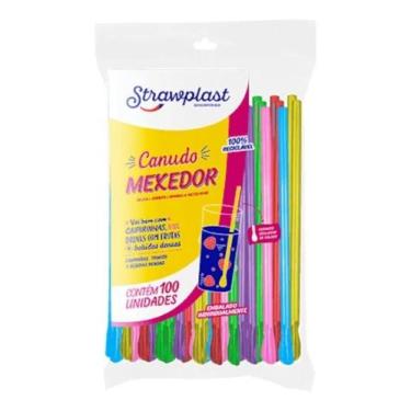 Imagem de Canudo Colher Mexedor Colorido Strawplast Pacote Com 100 Unidades