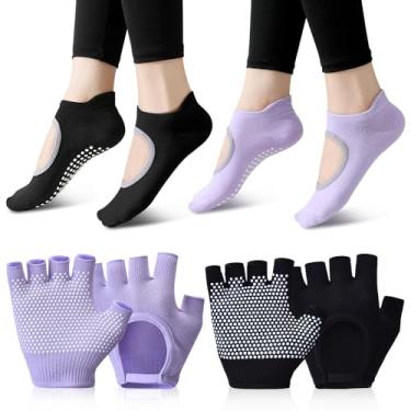 Imagem de FHUIEWRY Conjunto de 2 pares de meias antiderrapantes para ioga, luvas femininas de ginástica sem dedos e meias de pilates, meias esportivas de silicone para exercícios físicos, penduradas, ioga,