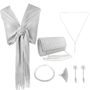 Imagem de Framendino, Pacote com 6 conjuntos de joias de strass, incluindo colar, brinco, pulseira, anéis, bolsas, xaile prateado para festa de casamento feminina, 6 Pack, Poliéster + strass, Strass