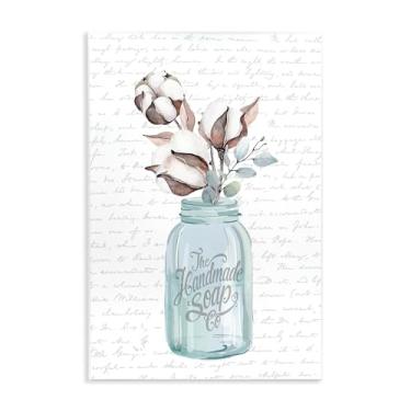 Imagem de Stupell Industries Pote de sabonete feito à mão com flores de algodão, palavra para banheiro, design do artista arte de parede com letras e linhas, 25 x 38 cm, placa de madeira