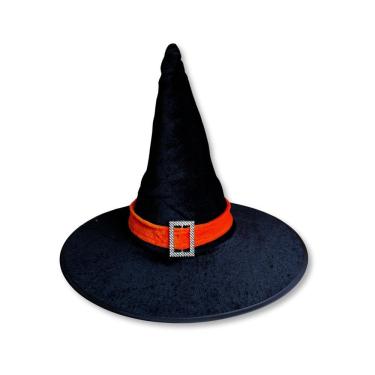 Imagem de Chapéu De Bruxa Preto Com Fecho E Faixa Laranja Veludo