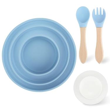 Imagem de Mulaibdin 3 peças de pratos de silicone com talheres, placas de sucção removíveis e tigelas, pratos mais profundos grudam e permanecem livres de BPA (azul)