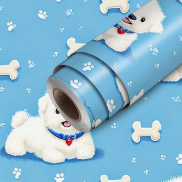 Imagem de HOMETITUTE Papel de parede bichon frise azul claro branco descasque e cole fofo padrão de filhote de cachorro papel de parede bastão de papel de parede 300.0 cm x 45.0 cm cobertura de parede de vinil