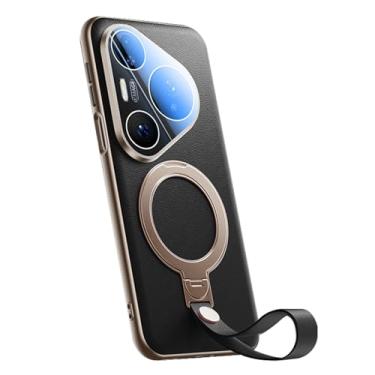 Imagem de HAOMRIYL Capa de couro para Huawei Pura 80 Pro +/80 Pro/80, capa de pulseira com proteção de lente com tudo incluído, suporte de anel magnético à prova de choque, capa luxuosa preta, 80 Pro +