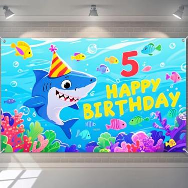 Imagem de BlissYard Banner Happy 5th Birthday Ocean Fun Adventure Party Decrations Under The Sea com chapéu de festa cenário de tubarão 180 x 109 cm fundo fotográfico peixe colorido para meninos meninas