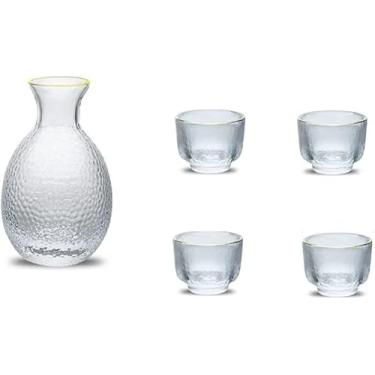 Imagem de Conjunto tradicional de saquê, padrão de martelo de vidro em acabamento dourado, 1 garrafa de saquê transparente Cyrstal, 4 copos de saquê, jarra de saquê fria/quente/quente, conjunto especial de