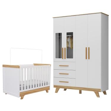 Imagem de Jogo De Quarto Infantil Retrô Janelas Guarda Roupa E Berço Branco Brilho/amêndoa - Móveis Peroba