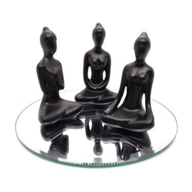 Imagem de Decoração Sala Objetos Kit, Com 3 EstáTuas Enfeite Decorativo Meditação Posições de Yoga 6cm + Bandeja Espelhada(Preto + Bandeja Espelhada,COM ESPELHO)