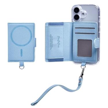 Imagem de Carteira MagSafe, carteira magnética com alça de pulso para iPhone 17/16/15/14/13/12 séries, 7+ porta-cartões, bloqueio RFID, azul e rosa giz, Azul, Compacto