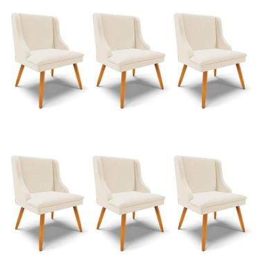 Imagem de Kit 6 Cadeiras Estofadas Para Sala De Jantar Pés Palito Lia Linho Bege - Ibiza
