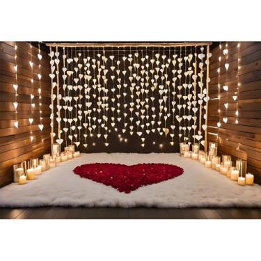 Imagem de Baocicco 3 x 2,4 m, cenário fotográfico de dia dos namorados, formato de coração, flor, marrom, madeira, rosa, candeeiro de vela, tapete branco, fundo para o dia dos namorados, adereços de estúdio