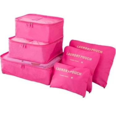 Imagem de Kit Organizador de Mala 6 Peças, Necessaire de Viagem Rosa, Bolsas com Zíper para Roupas e Acessórios, Conjunto de Bolsas em Diferentes Tamanhos 40x31cm até 26x17cm