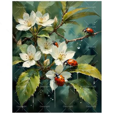Imagem de Kit de pintura de insetos naturais por números para adultos – Pintura de joaninhas em flores brancas em tela 40,6 x 50 cm, conjunto de tinta acrílica, adequado para iniciantes, arte para decoração de