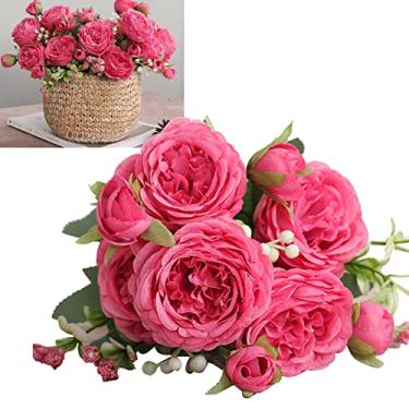 Imagem de Mingzhe Rosas Persas Artificiais, 3 Cachos, 5 Cabeças, buquê de Flores, Seda para Decoração de Casa, Casamento, Decoração de Sala de Estar, Escritório (Rosa Vermelha)