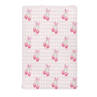 Imagem de Qilmy Lençol de berço com laço de cereja rosa para meninos e meninas, lençol com elástico de microfibra macia e respirável para berço padrão e colchão, 68,5 x 99 cm, roupa de cama de bebê