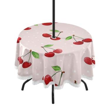 Imagem de Qilmy Toalha de mesa Cherry redonda impermeável de 152 cm com orifício para guarda-chuva e zíper – uso externo / interno resistente para pátio, churrascos, piqueniques, festas (serve para mesas