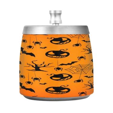 Imagem de Qilmy Cinzeiro Grinning Jack-o-lanterns de aço inoxidável com tampa - Cinzeiro de cigarro à prova de vento sem cheiro sem fumaça para casa, escritório, carro, pátio, varanda (uso interno e externo)