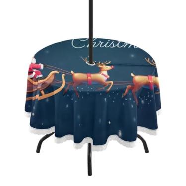 Imagem de Qilmy Toalha de mesa redonda impermeável de Papai Noel Sleigh de 152 cm com orifício para guarda-chuva e zíper – uso externo / interno resistente para pátio, churrascos, piqueniques, festas (serve