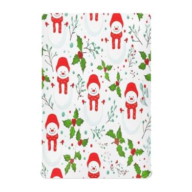 Imagem de Qilmy Lençóis de berço de Natal com bonecos de neve Snowfield, de microfibra macia, respirável, elástico, lençol com elástico para meninos e meninas, miniberço, 132 x 71 cm, capa de colchão infantil
