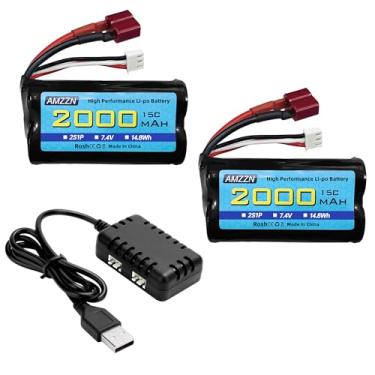 Imagem de AMZZN 2 baterias Lipo 7,4V 2000mAh 15C 2S com plugue T e carregador 2 em 1 para WLtoys 12423 MJX 14301 14303 14302 H16PL HP162S HM124 RC Carros 1/10,1/12,1/16 RC Truck. ks (2 unidades, bateria