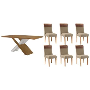 Imagem de Sala Jantar Mesa Imperatriz Tampo Curvo 180cm+6 Cadeiras Jaspe Madeira Naturale/Off White - Capuccino/Linho Bege - Rufato